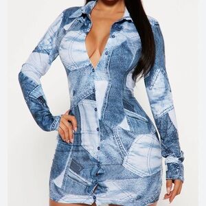 Fashion Nova Indigo Denim Patterned Dress
